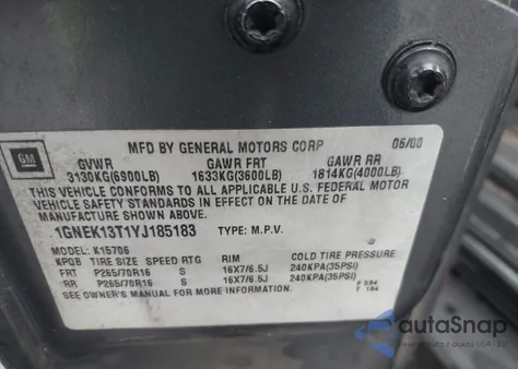 2000 Chevrolet Tahoe All New Lt z USA, uszkodzony, nr VIN 1GNEK13T1YJ185183